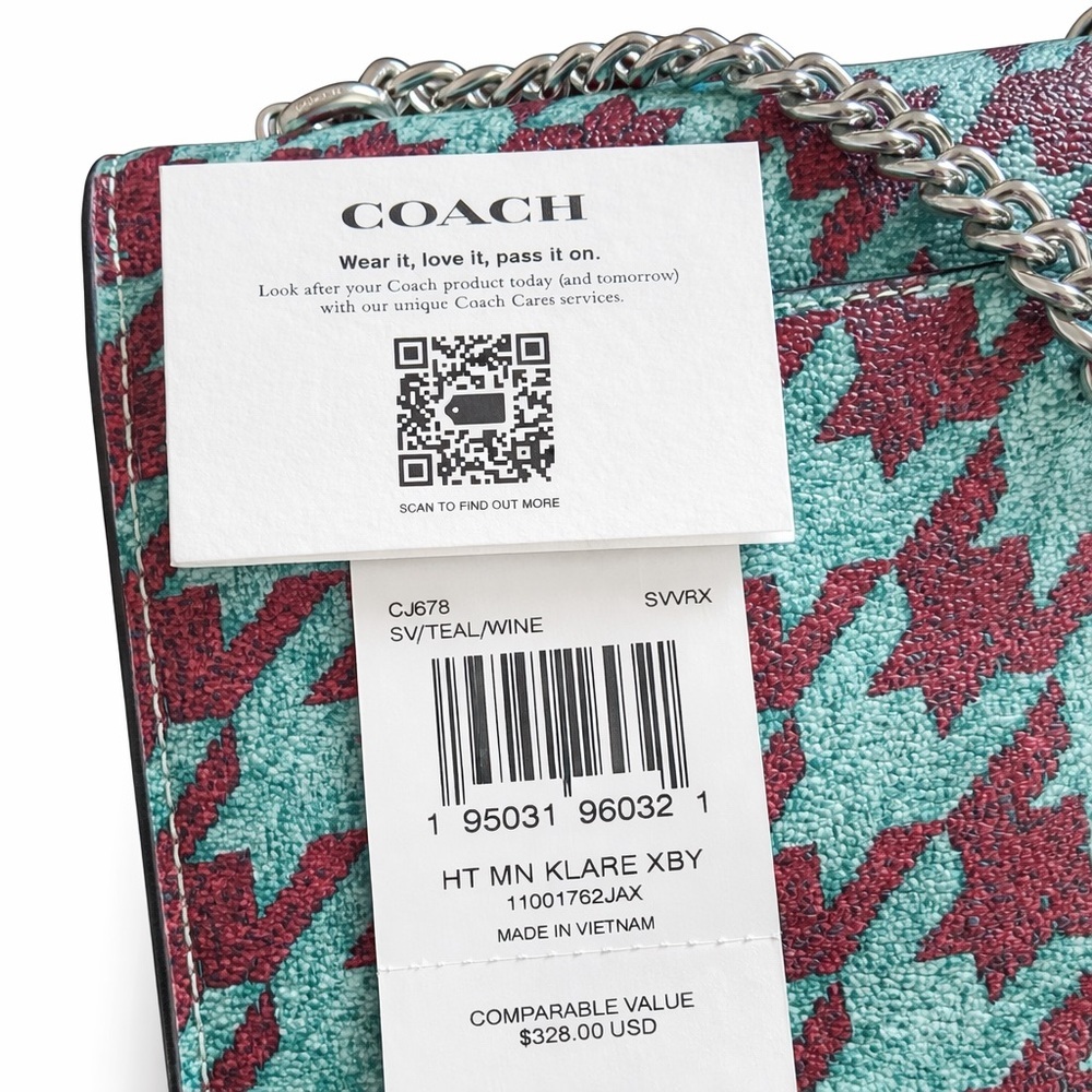 Coach Mini Klare Crossbody Teal/Wine Houndstooth Leather Chain Strap Purse - Picture 6 of 7